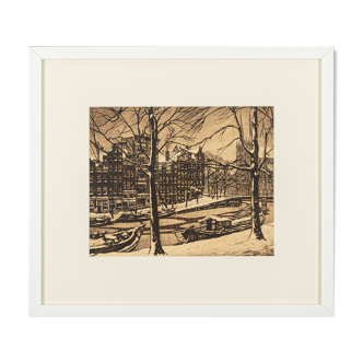 Amsterdam en hiver, Gravure N/B sur papier, 50 x 45 cm