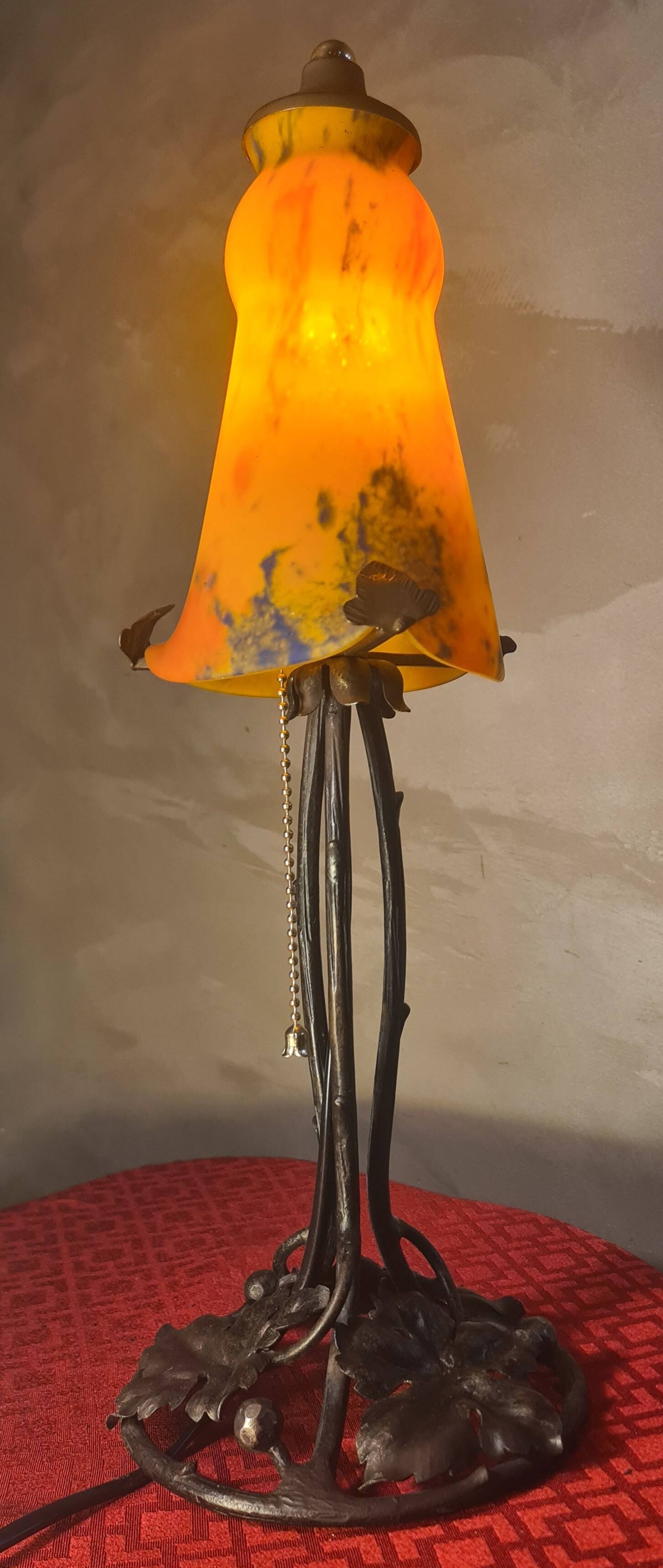 antique wrought iron lamp from 1900 at 40 with a very large glass paste shade 45