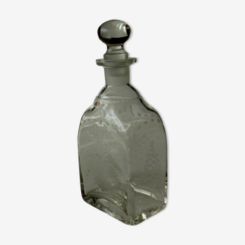 Glass decanter with cut stopper and traditional engraving, vintage from the 1960s