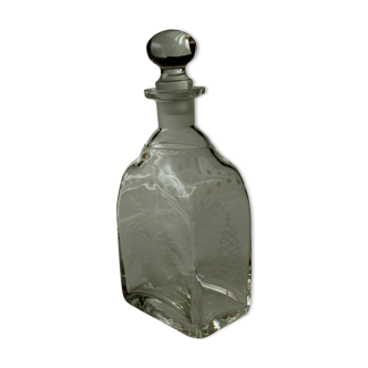 Glass decanter with cut stopper and traditional engraving, vintage from the 1960s