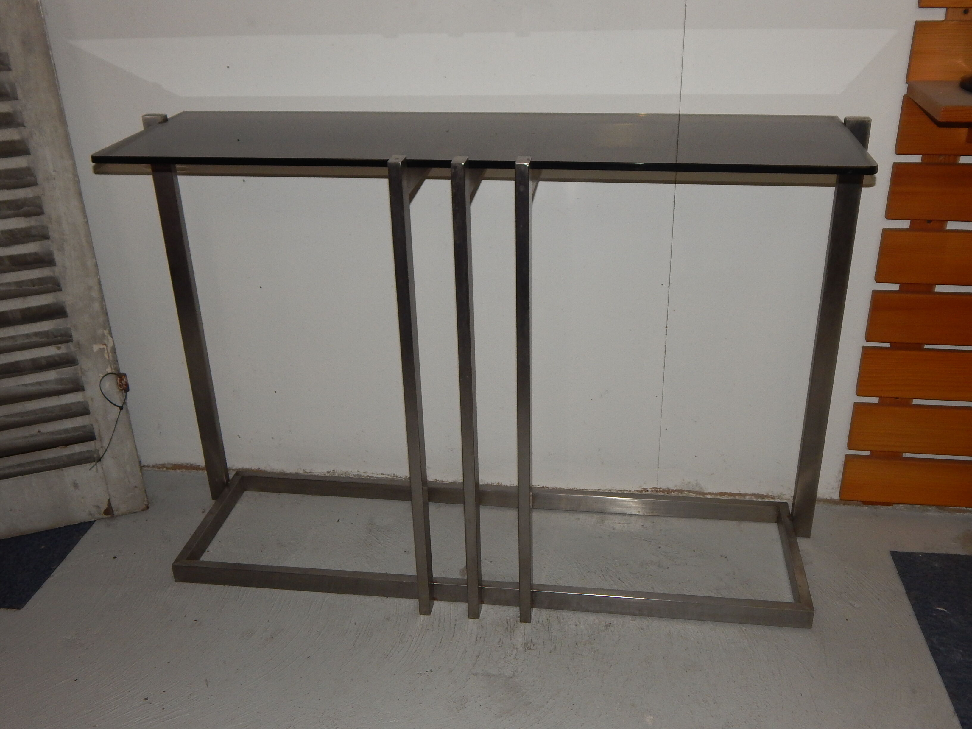 console table brushed steel design Paul Le Geard year 70