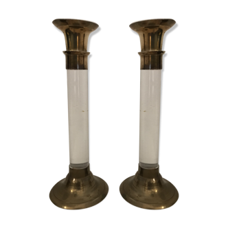 Pair of candlesticks, brass and plexiglass