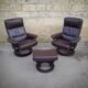Pair of Scandinavian leather armchairs and ottoman, Ekornes, Norway, 1970
