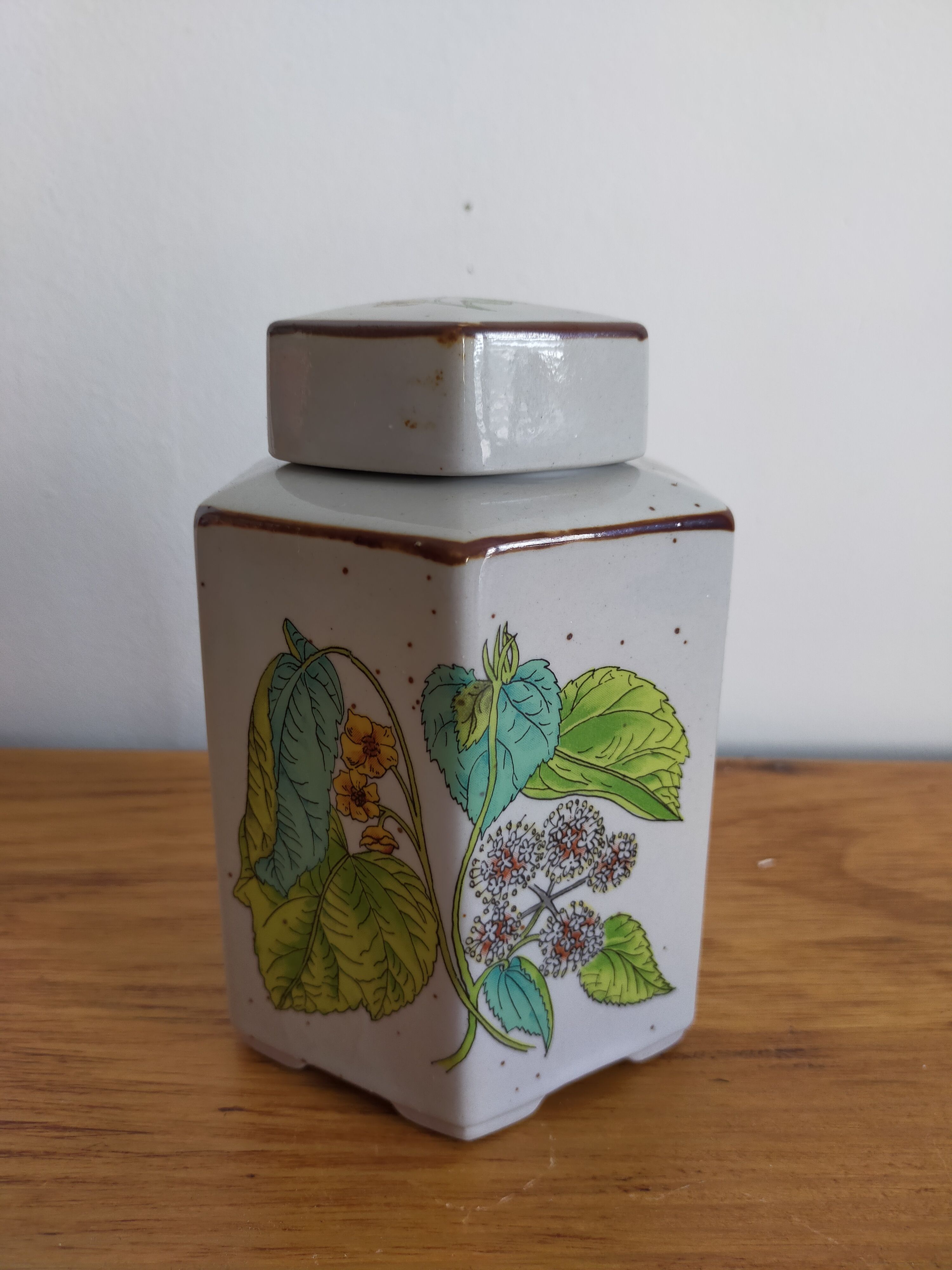 Tea pot herbalism vintage plant motifs