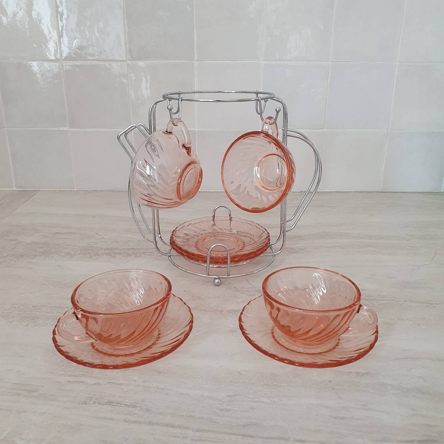 Rosaline cups and saucers by Arcoroc with metal stand