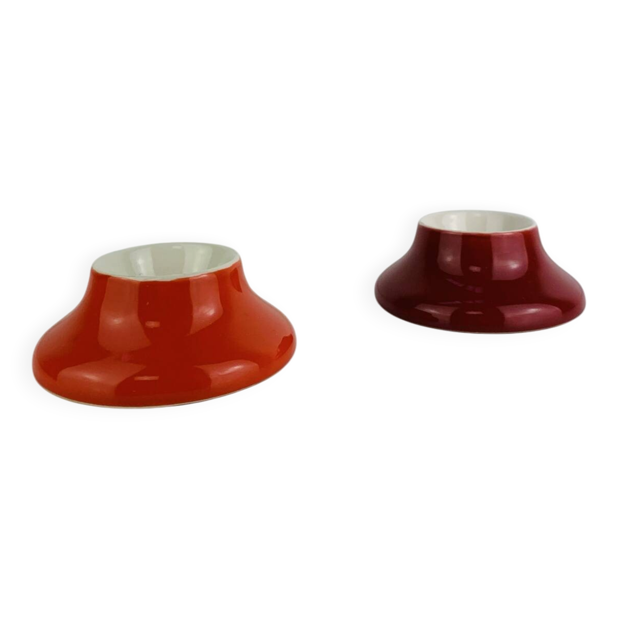 2 space age egg cups in orange and red ceramic, 70s