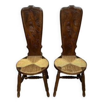 Gallé emile (1846-1904) (attributed to): pair of stool-type chairs with high backs