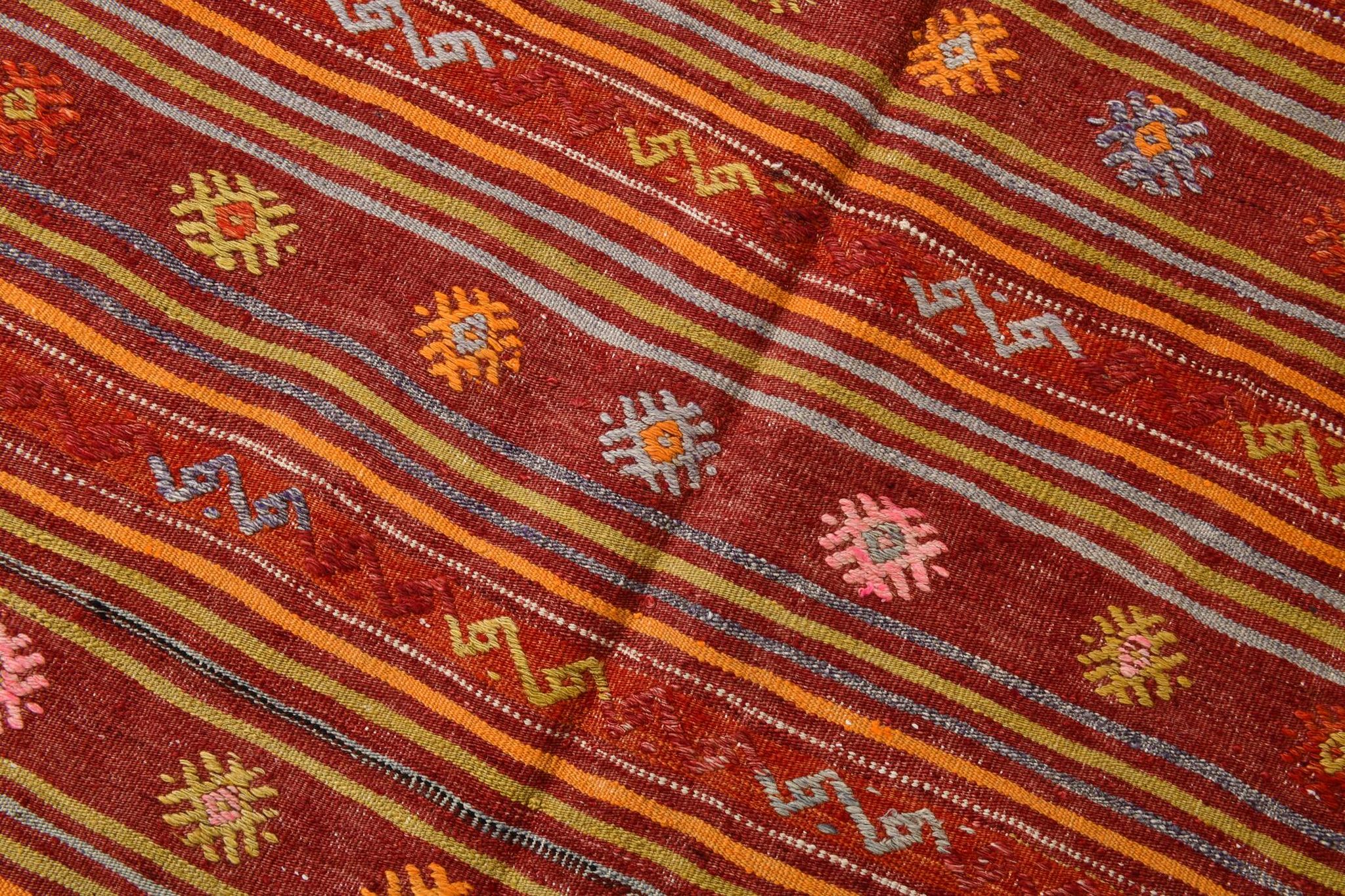 4x7 Red Orange Striped Handmade Wool Kilim Rug