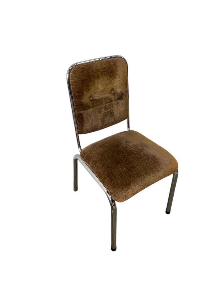 Set of 6 vintage chrome chairs with brown seats