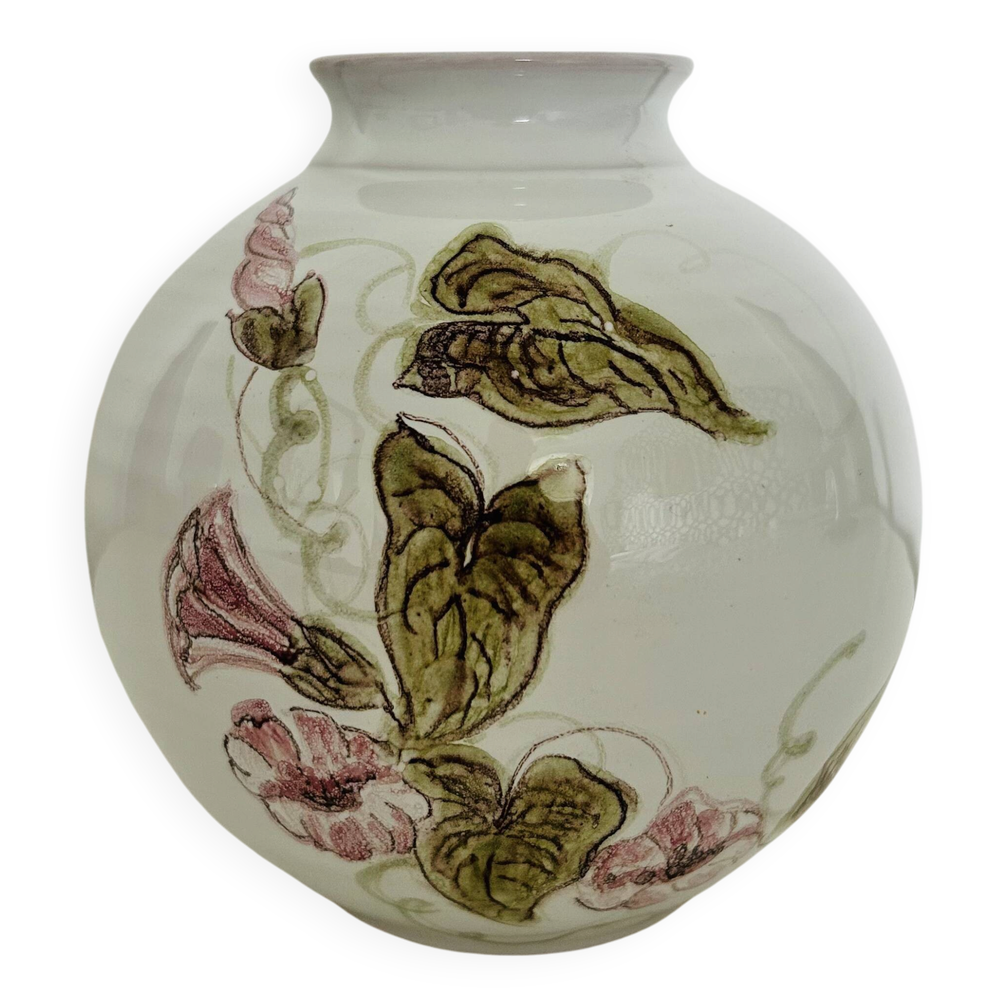 Vase boule décor floral signé