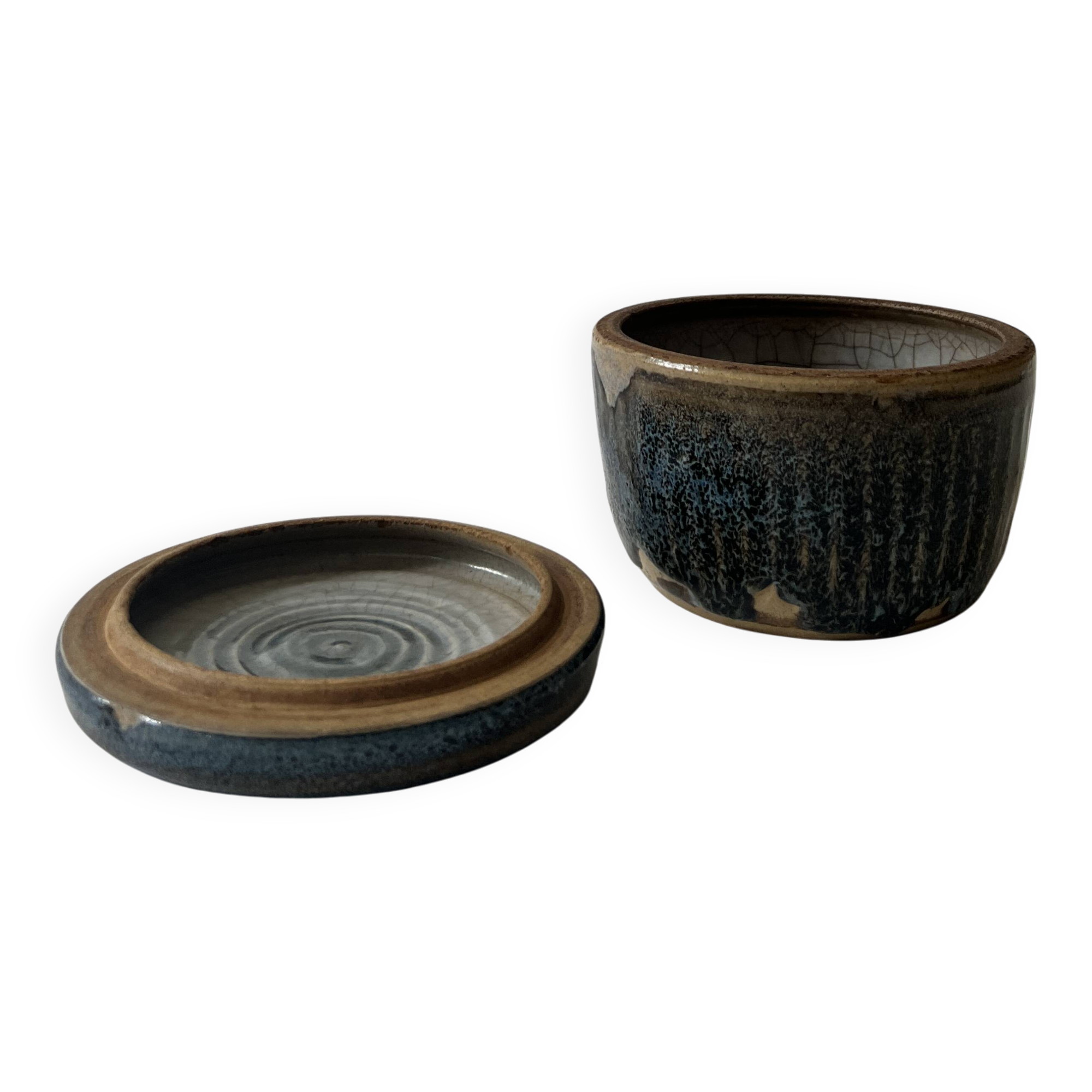 Deep blue glazed ceramic box, signed Abbaye Font Gombault, France