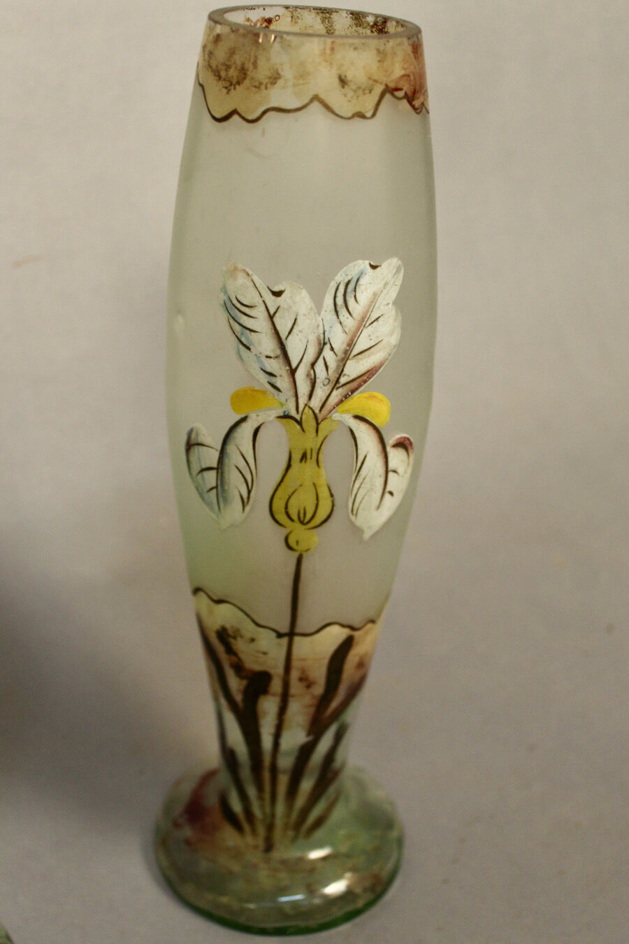 Pair of glass vases with iris enamelled decor