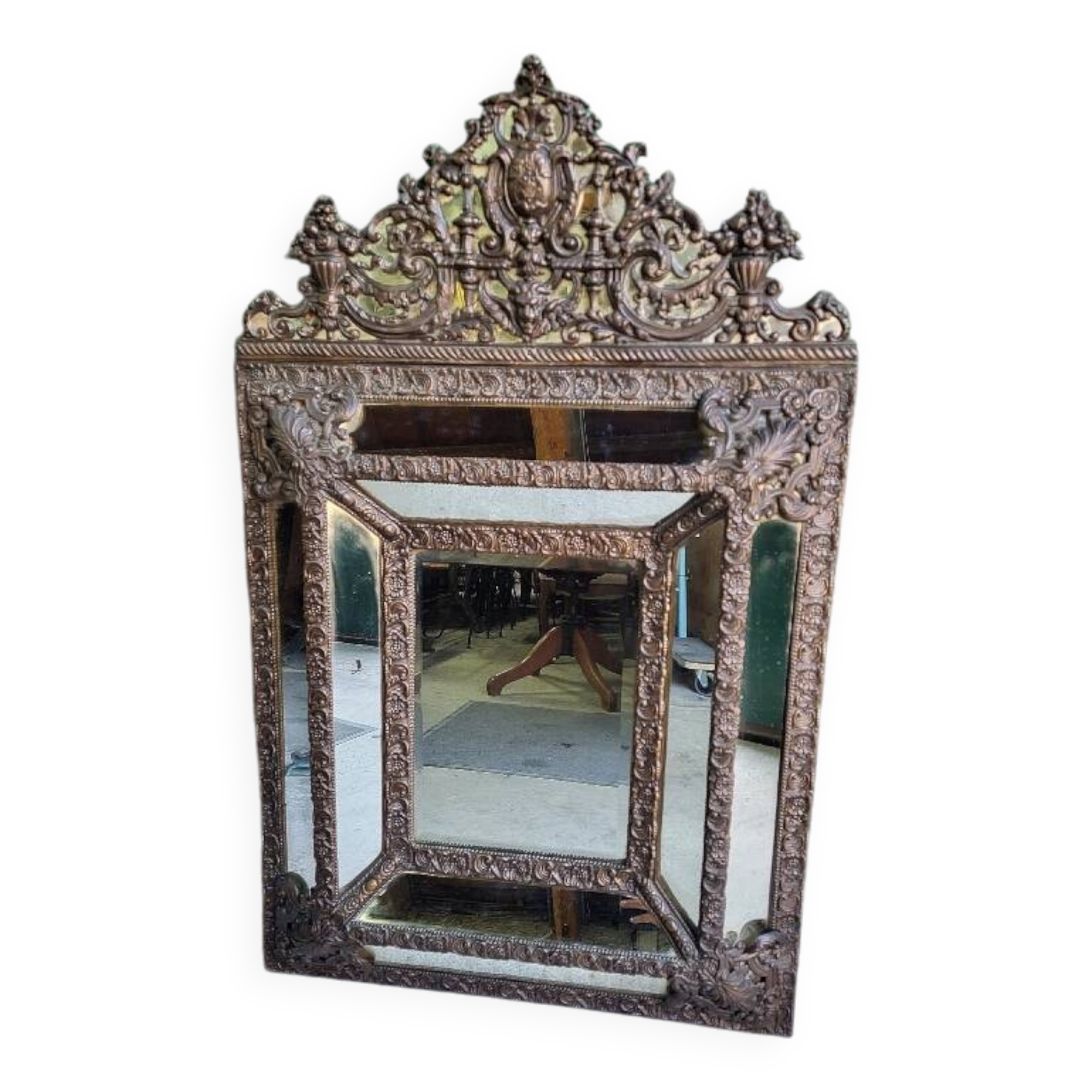 Louis xvi style repousse brass mirror with glass beads