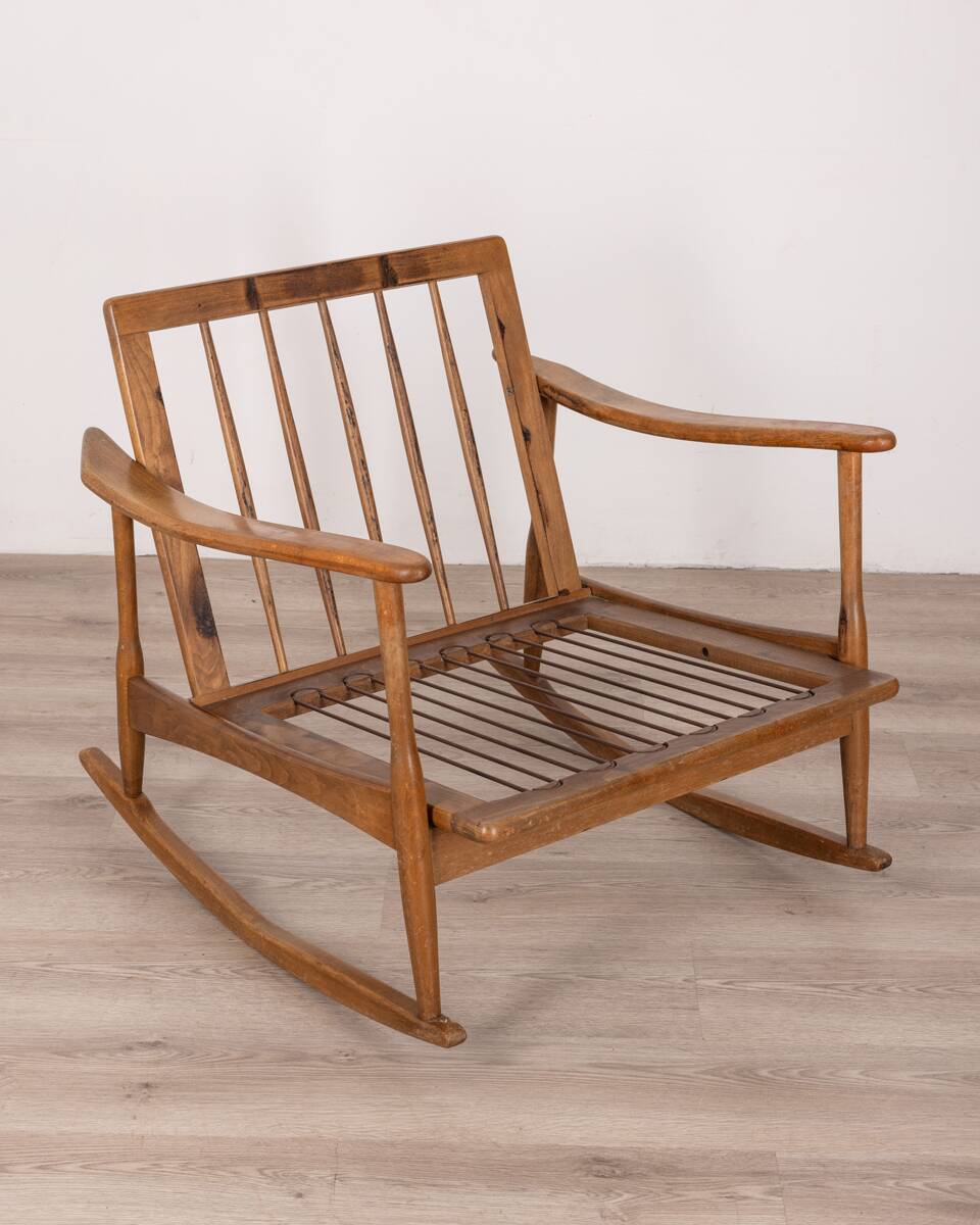 Chaise à bascule vintage des années 60 en bois et tissu, design italien
