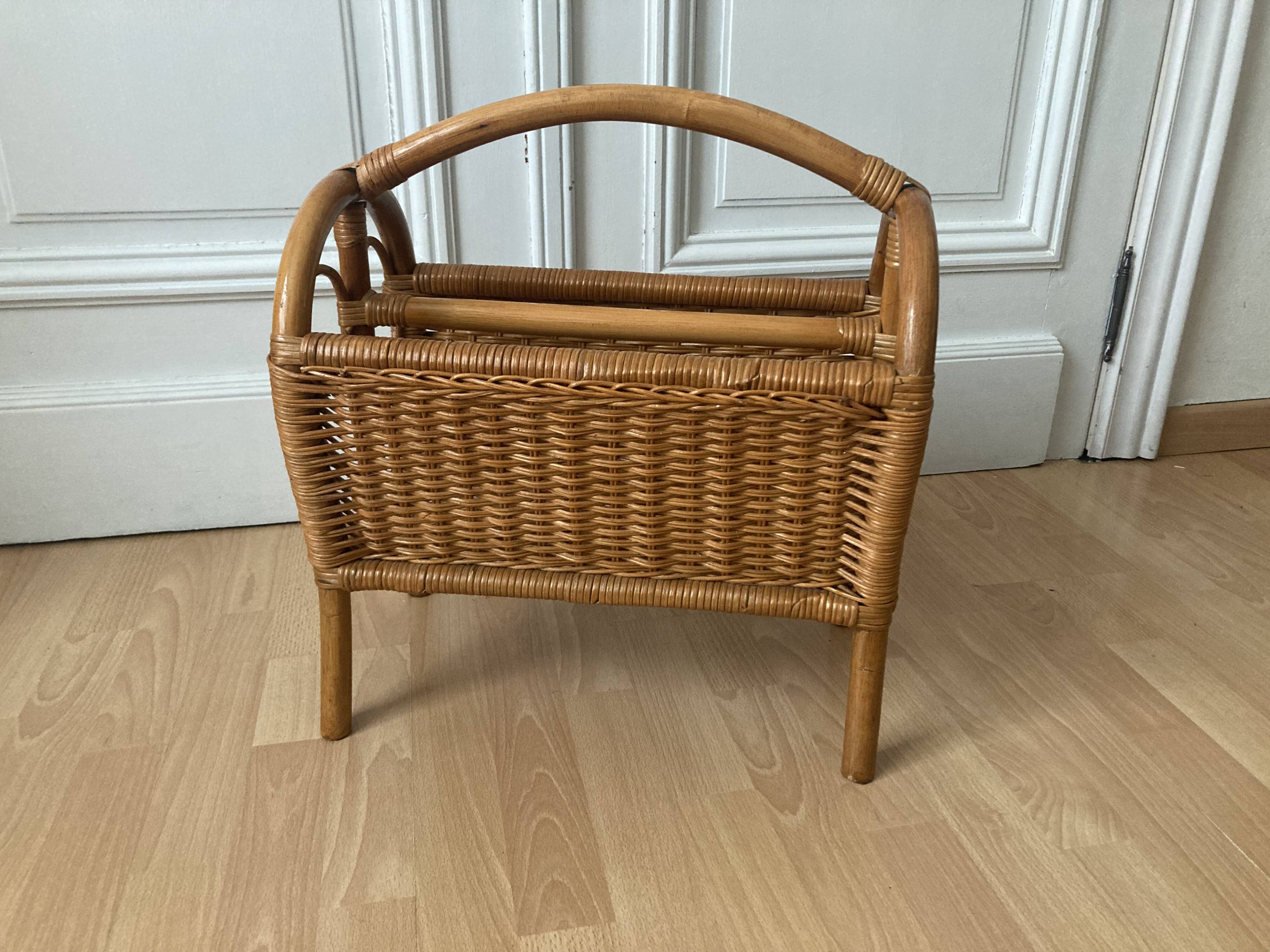 Vintage bamboo rattan magazine holder 70s