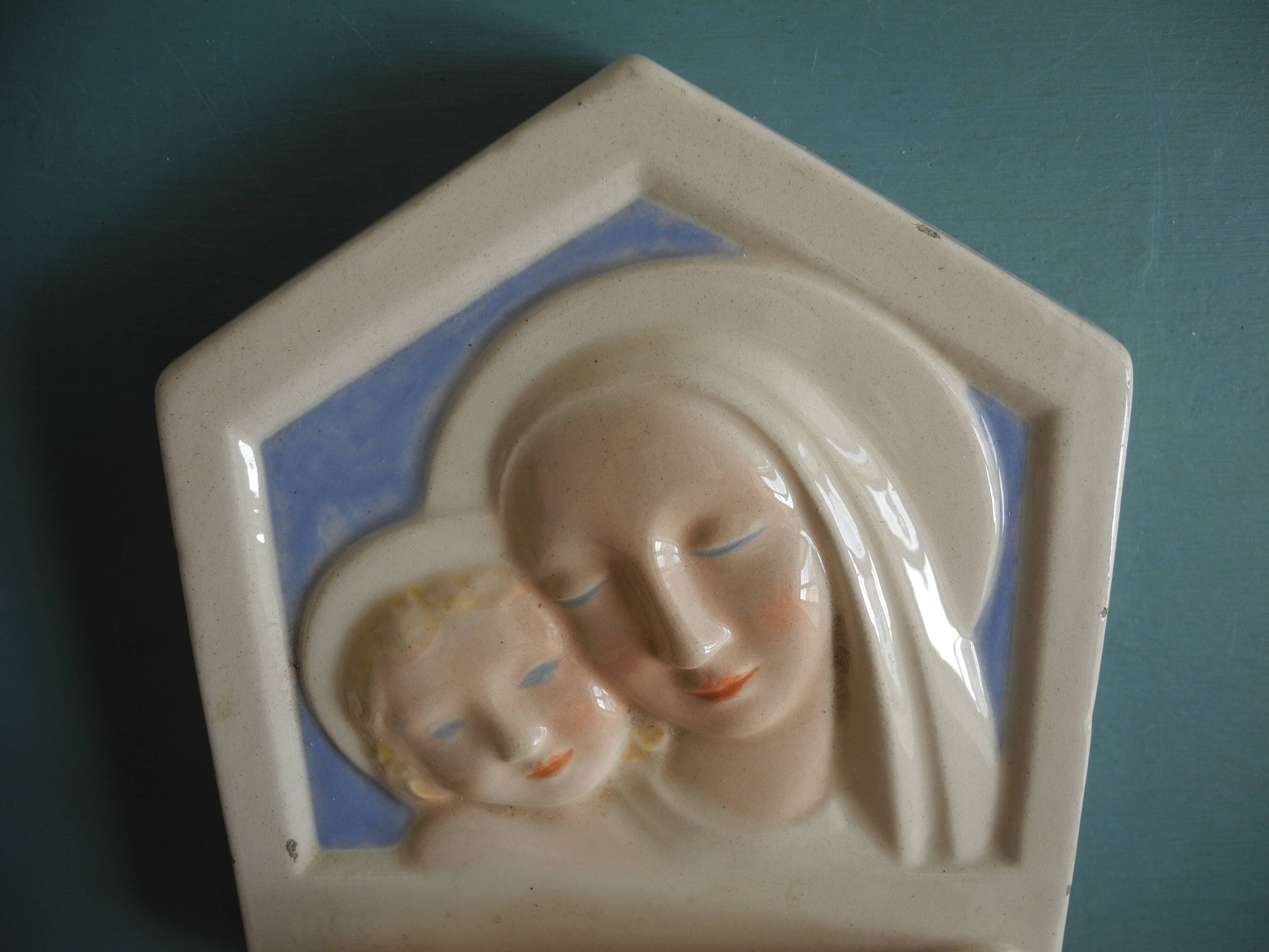ancient holy water font Desvres Fourmaintraux earthenware