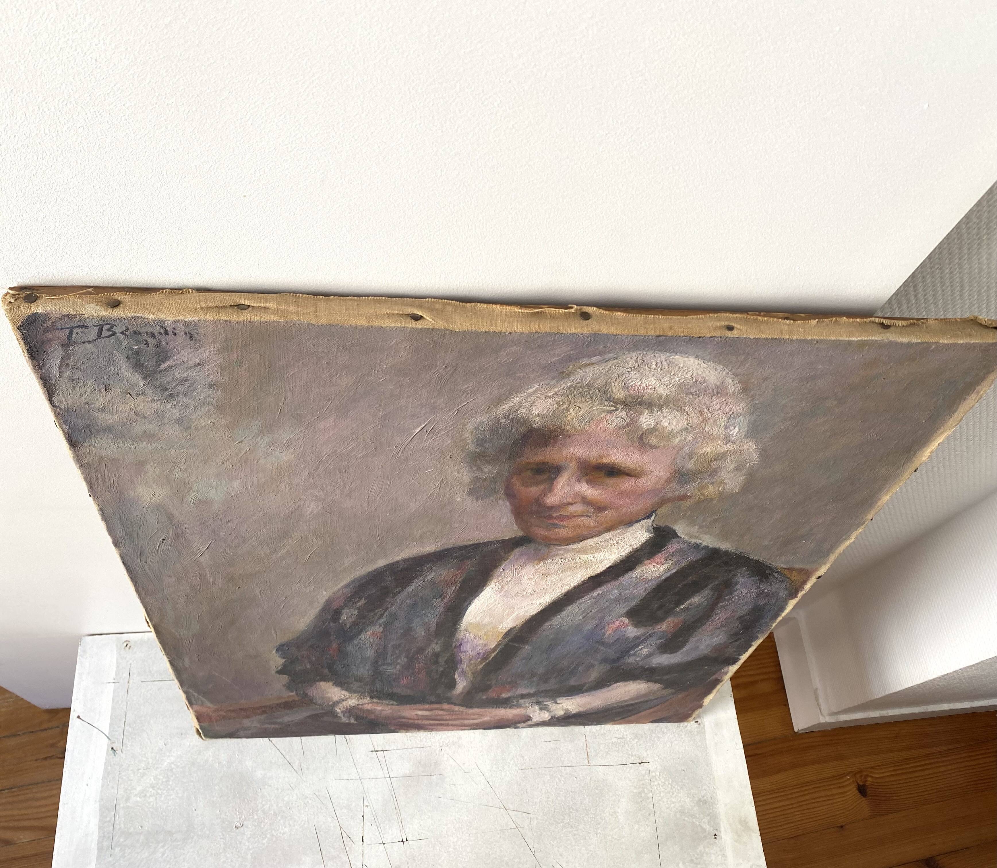 Old portrait signed Fernand Blondin dated 1932, vintage oil on canvas of a woman