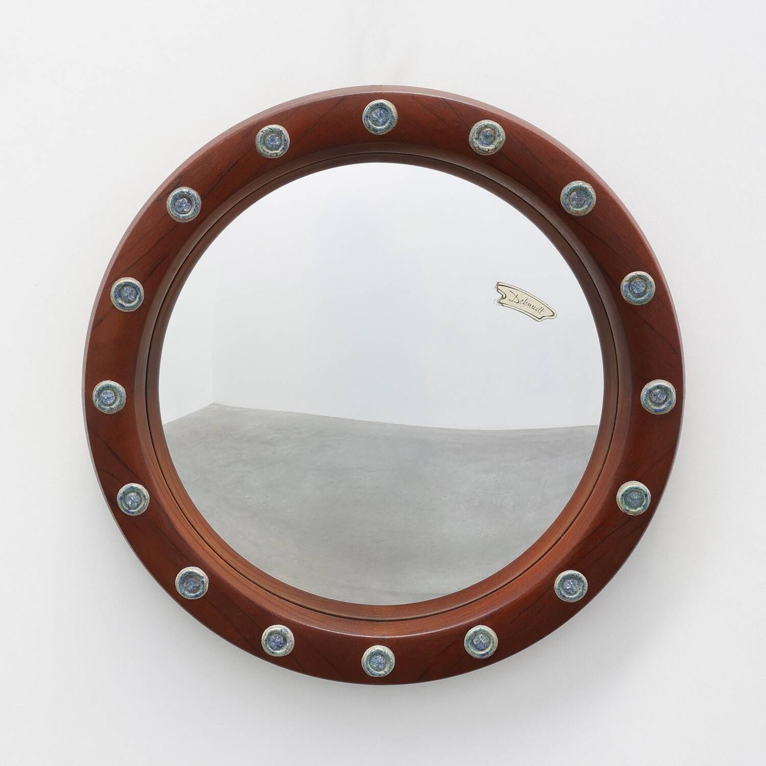 Round wooden mirror with turquoise ceramic studs by Deknudt, Belgium, 1960s