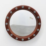 Round wooden mirror with turquoise ceramic studs by Deknudt, Belgium, 1960s