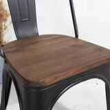 Chaise Industrielle en métal noir mat avec assise bois naturel foncé