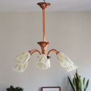 Chandelier copper tulip golden glass and white patterns 6 lights old vintage luminaire restored