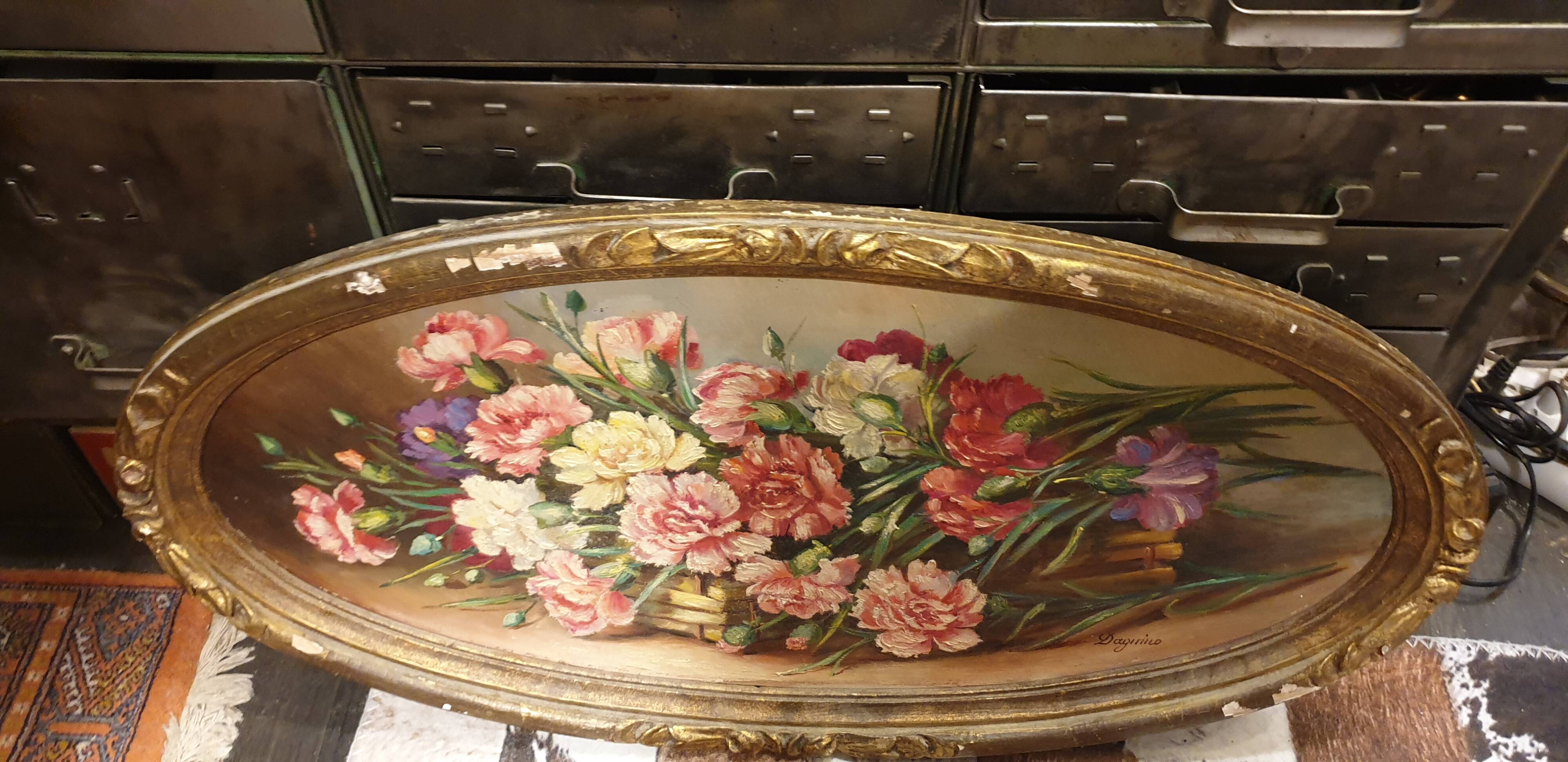 Oil on panel Bouquet with carnations 19th century