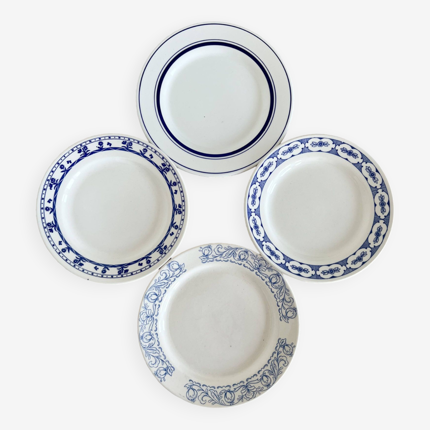 4 assiettes à dessert vintage dépareillées porcelaine bleue et blanche - Lot  Q