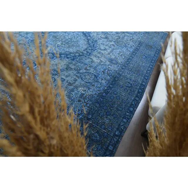 1970s Vintage Persian Handmade Wool Cotton Blue Area Rug 297x385