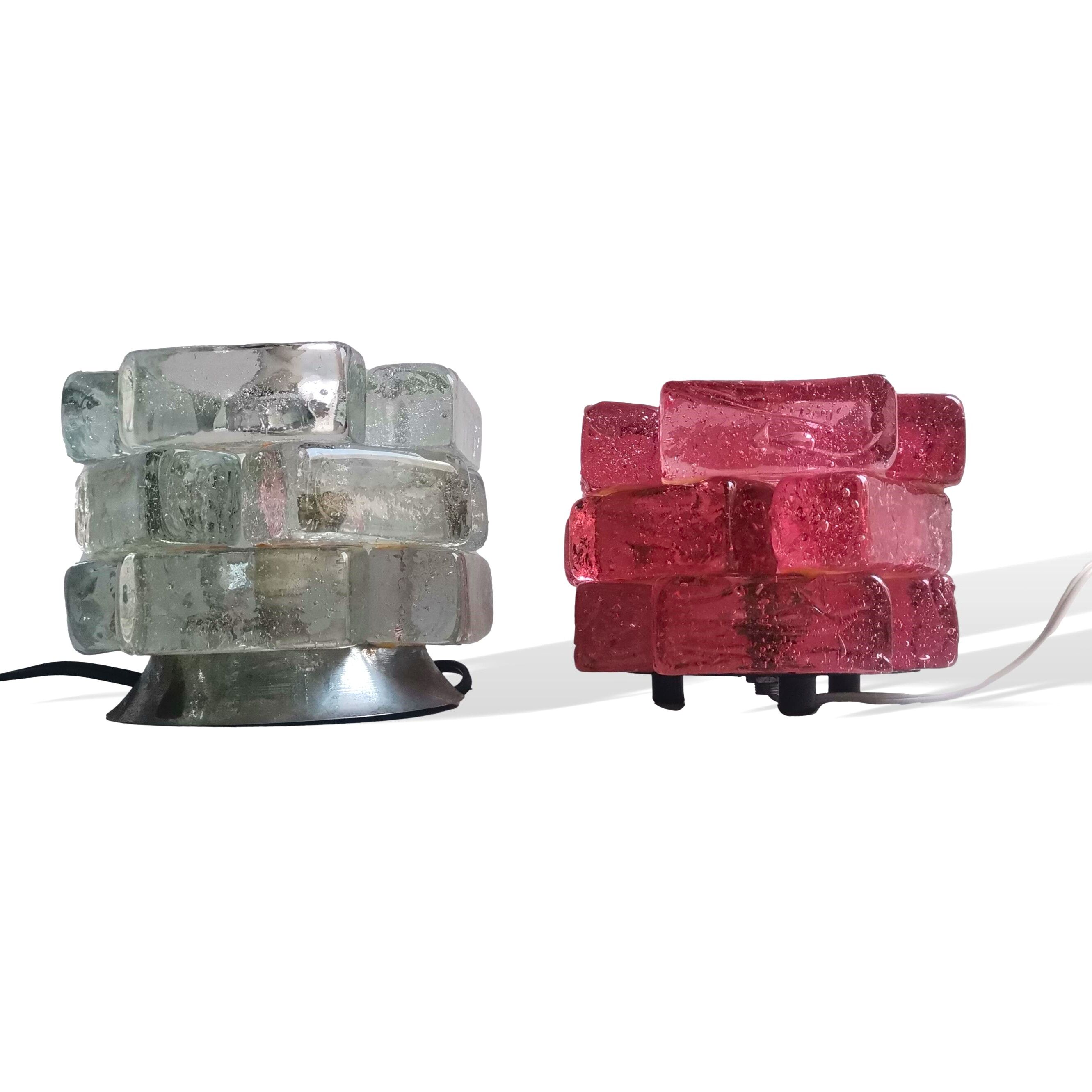 Brutalist solid bubble glass clear and red table lamps 1960s, set of 2