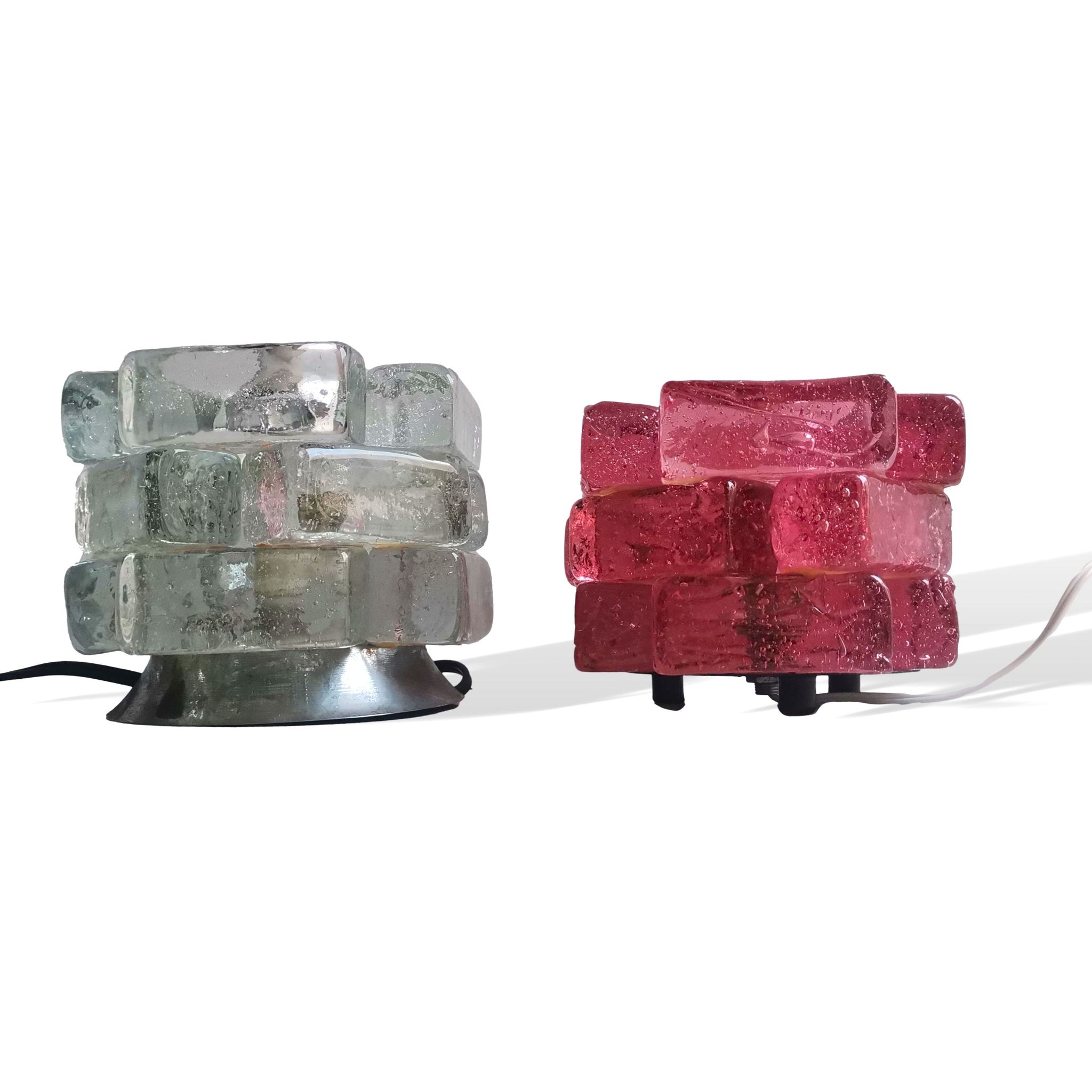 Brutalist solid bubble glass clear and red table lamps 1960s, set of 2