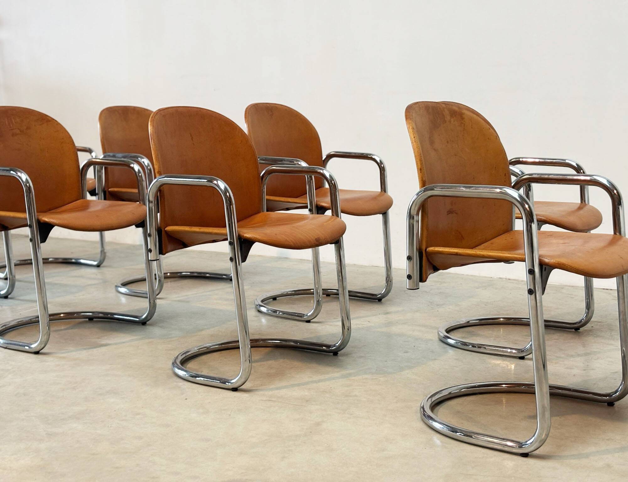 Set of eight cognac leather Dialogo Dessau dining chairs by Afra E Tobia Scarpa