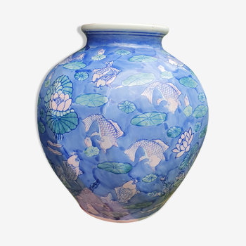 Vase porcelaine décor japonisant bleu