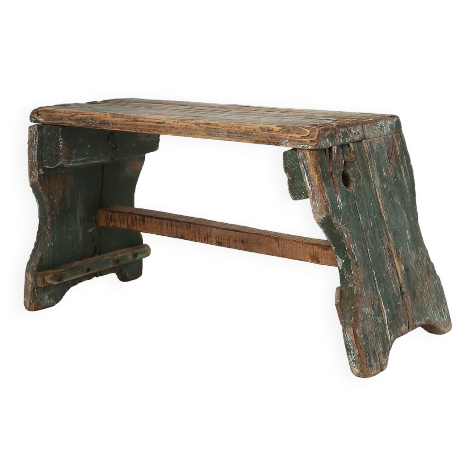 Industrial green wooden stool with nice patina, France 1900