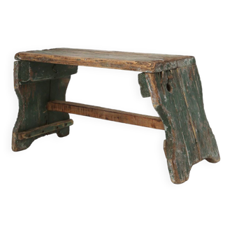 Industrial green wooden stool with nice patina, France 1900