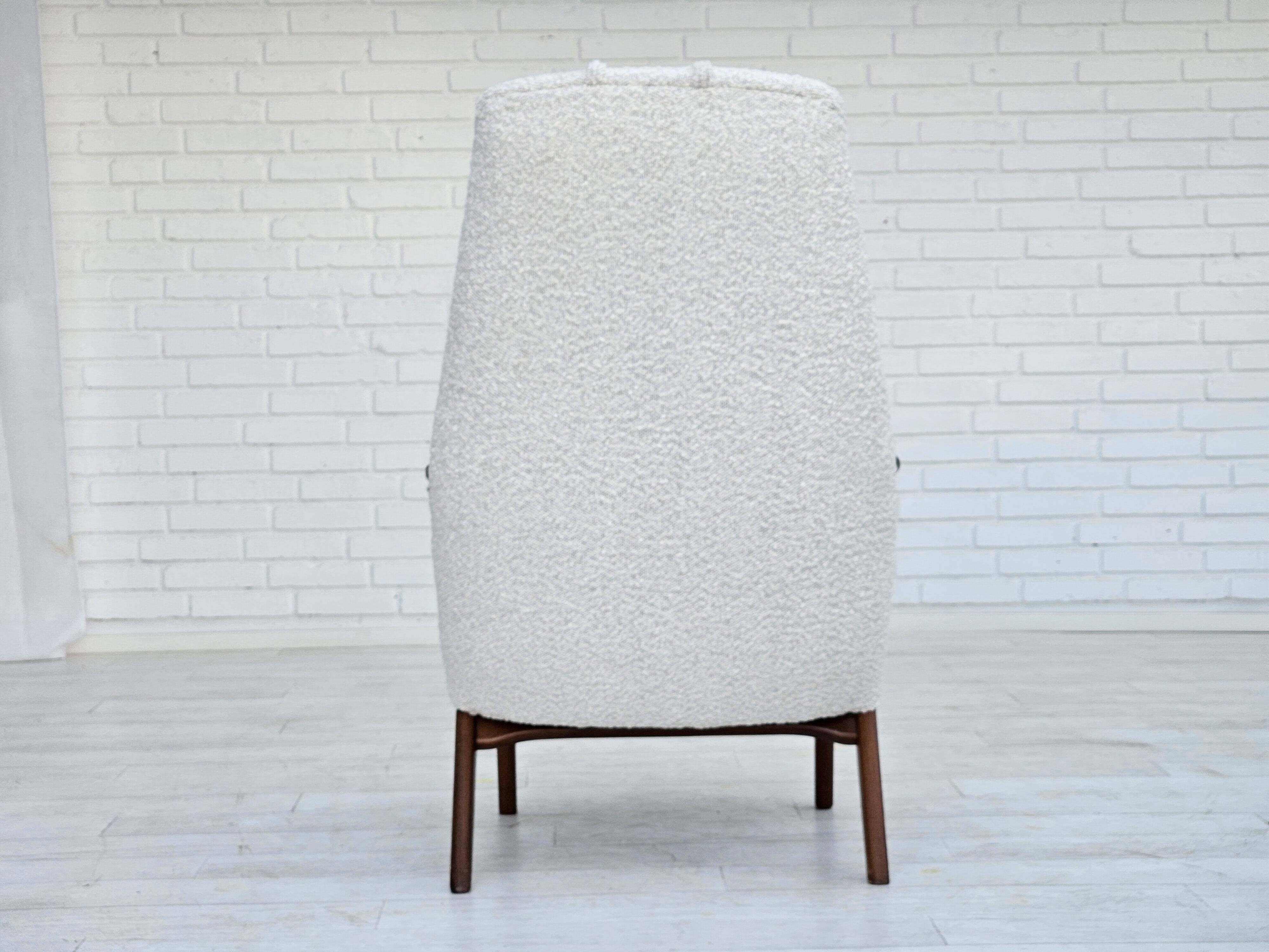 1960s, Scandinavian design, reupholstered armchair, furniture fabric, genuine sheepskin, teak.