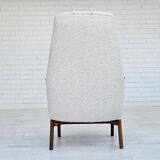 1960s, Scandinavian design, reupholstered armchair, furniture fabric, genuine sheepskin, teak.