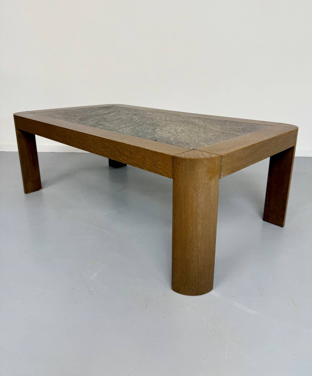 Old coffee table in wood and granite stone, vintage design from the 70s