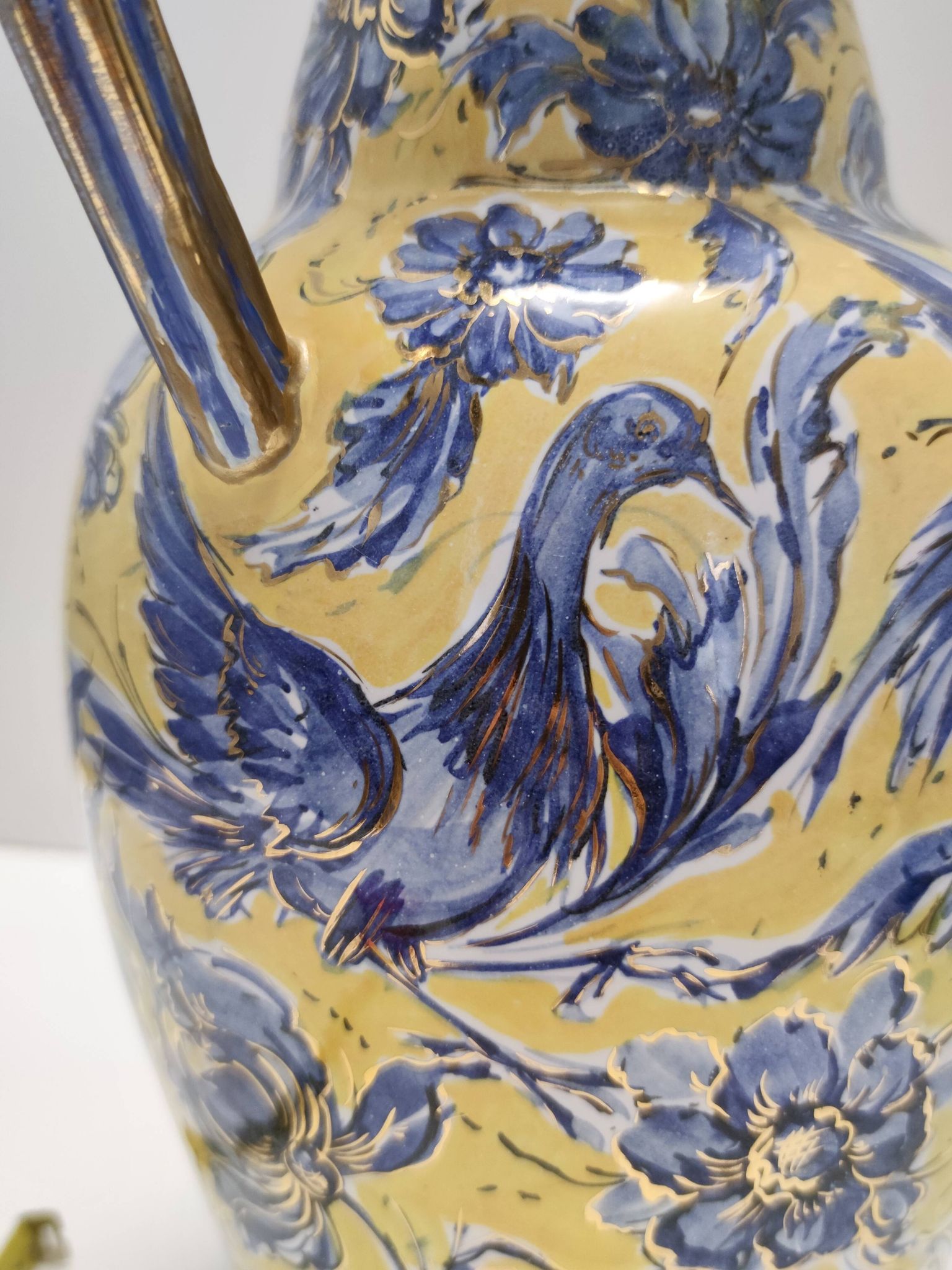 Vintage Handmade Yellow and Blue Glazed Ceramic Amphora by Zulimo Aretini, Italy