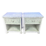 Pair of white lacquered rattan bedside tables