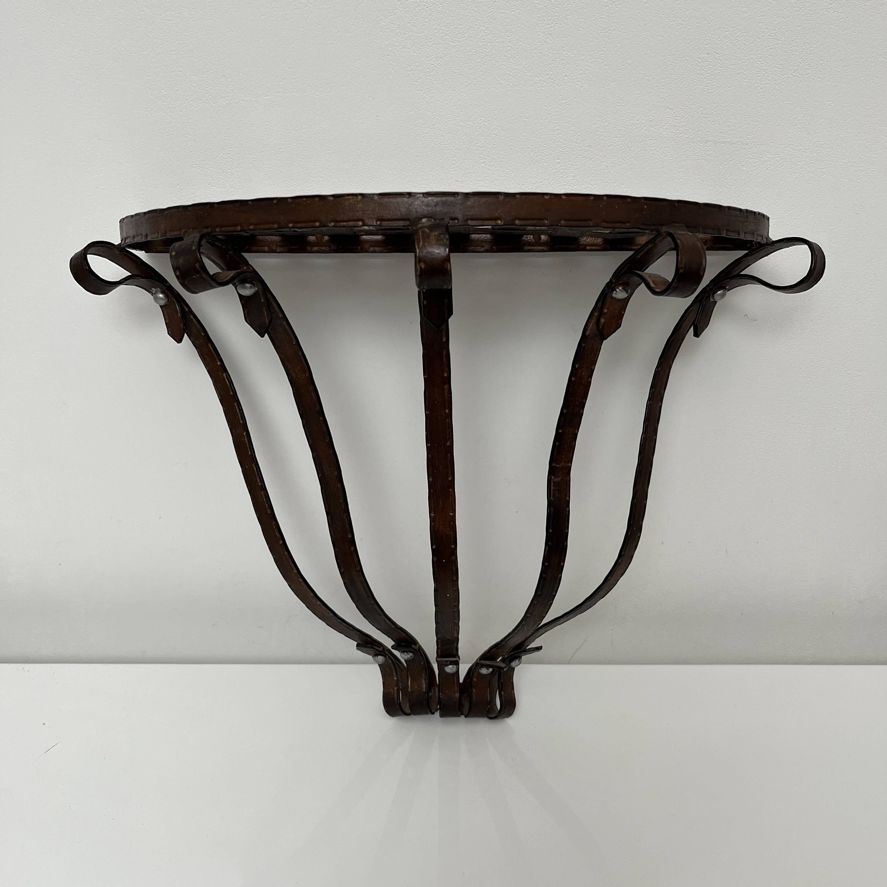 Small wall console Wrought iron trompe l'oeil stitched saddle leather