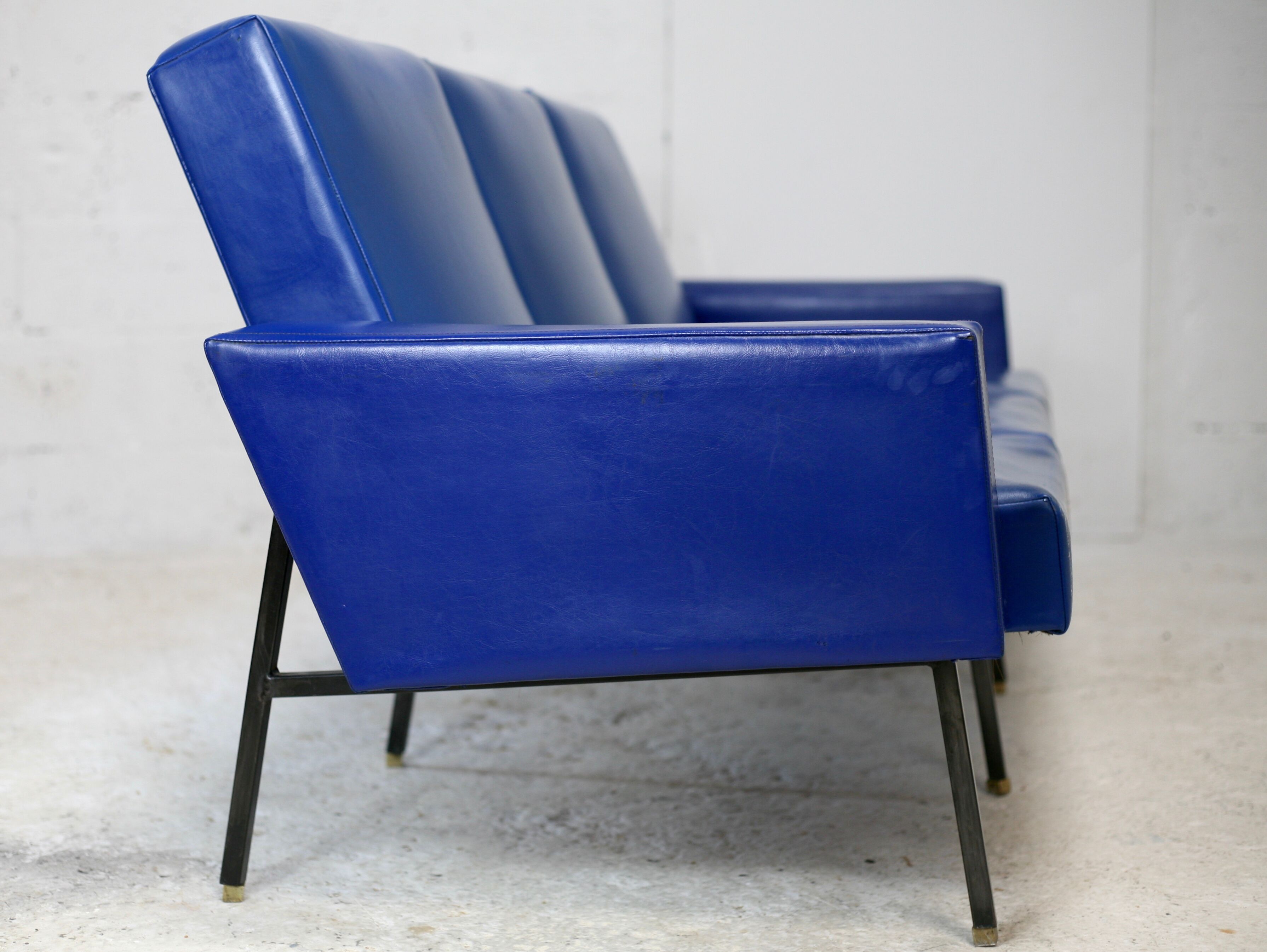 Sofa imitation leather blue and steel, 3 seats, France, circa 1960