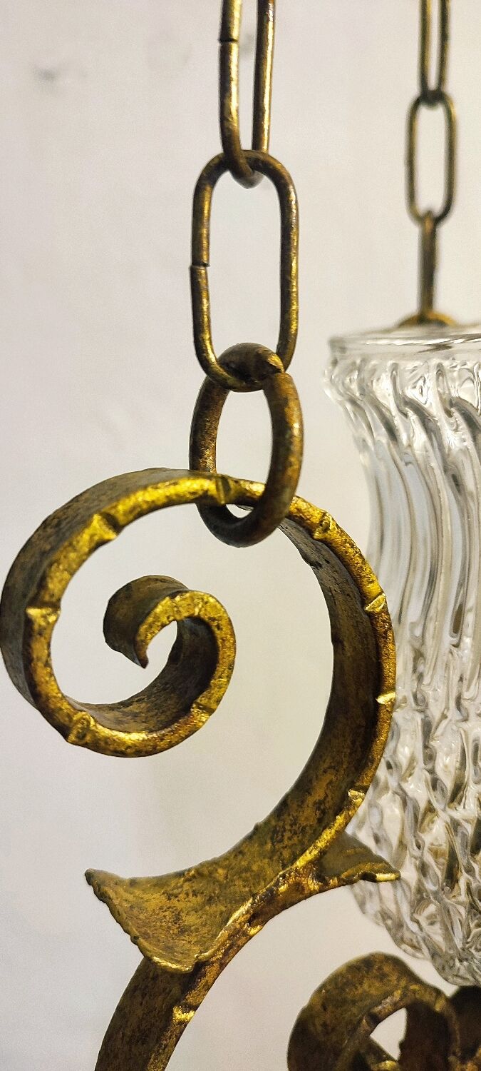 Ceiling lamp wrought iron and glass Spain, 1970s