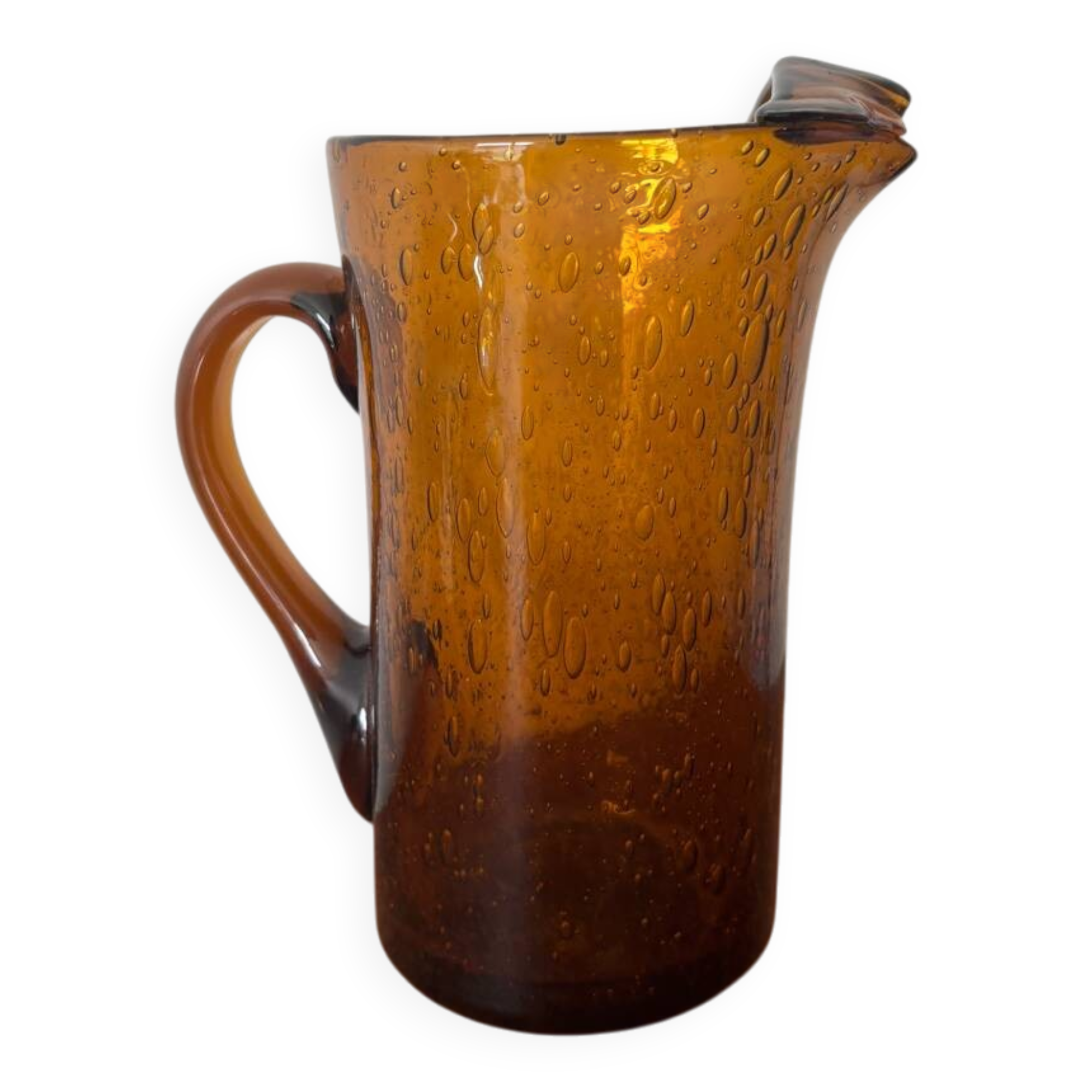 Amber bubble glass carafe signed Biot – mouth-blown – vintage fr