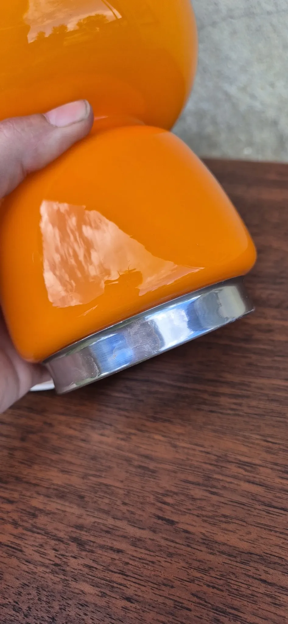 Small vintage orange mushroom lamp in opaline glass, space age.