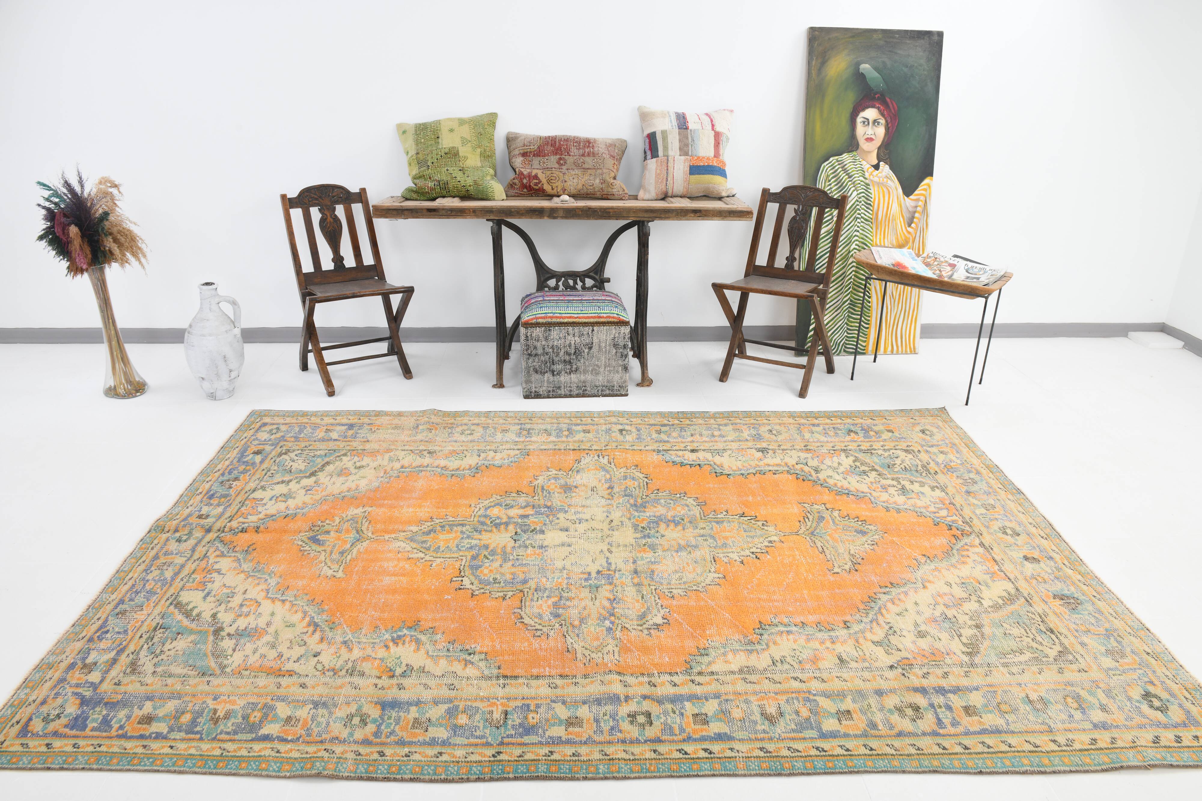 Medallion orange wool rug, beige orange vintage turkish rug 6x10 ft