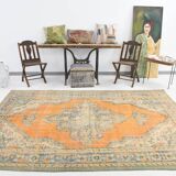 Medallion orange wool rug, beige orange vintage turkish rug 6x10 ft