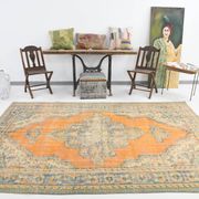 Medallion orange wool rug, beige orange vintage turkish rug 6x10 ft