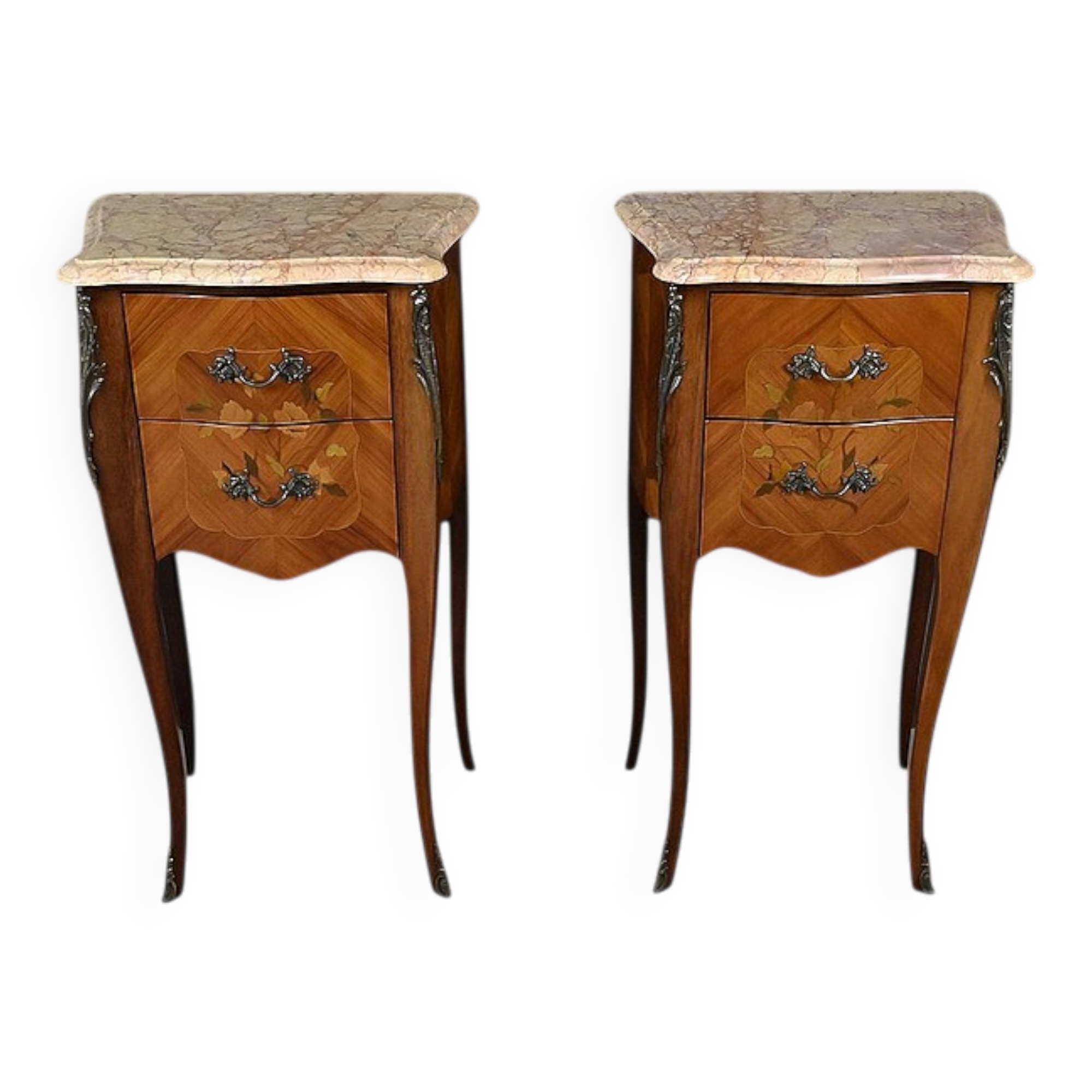 Pair of bedside tables in rosewood marquetry, Louis XV style – 2nd half of the 20th century