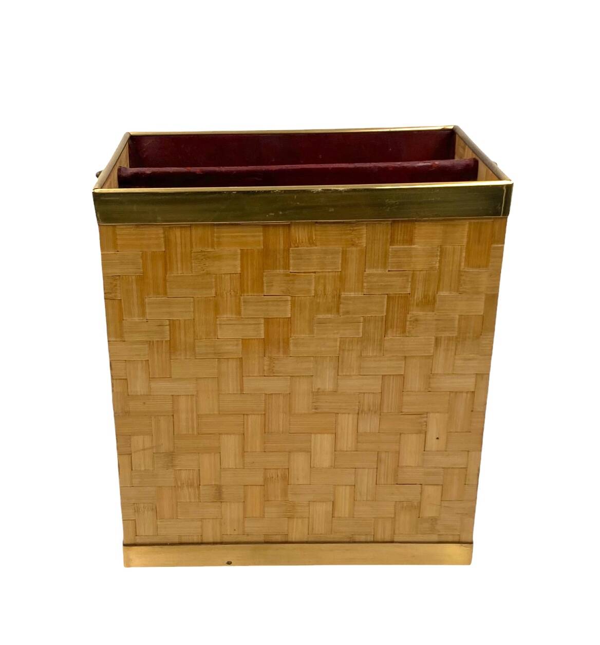 Hollywood regency brass and woven bamboo magazine rack, Metal Linea Nova Italy 1970