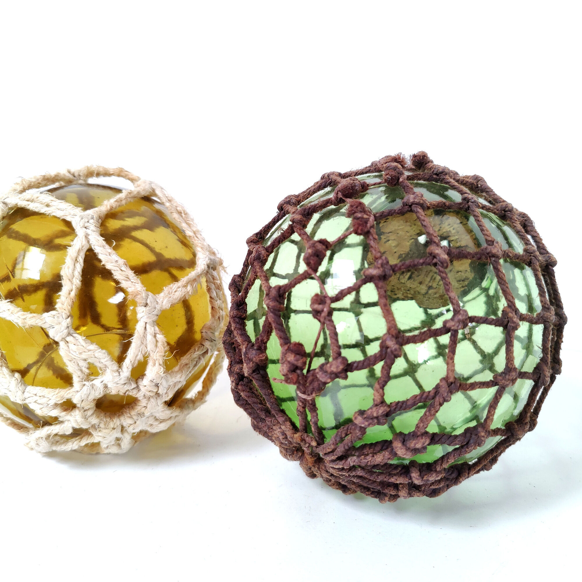 Set of 2 marine floats yellow and green ball glass and rope